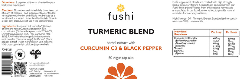 Fushi Turmeric C3 & BioPerine Extract High Strength, 60 Caps | 500 mg High Strength | Fresh-Ground | Min 95% Curcuminoids |Wholefood | Ethical & Vegan Society Approved | Manufactured in the UK - BeesActive Australia
