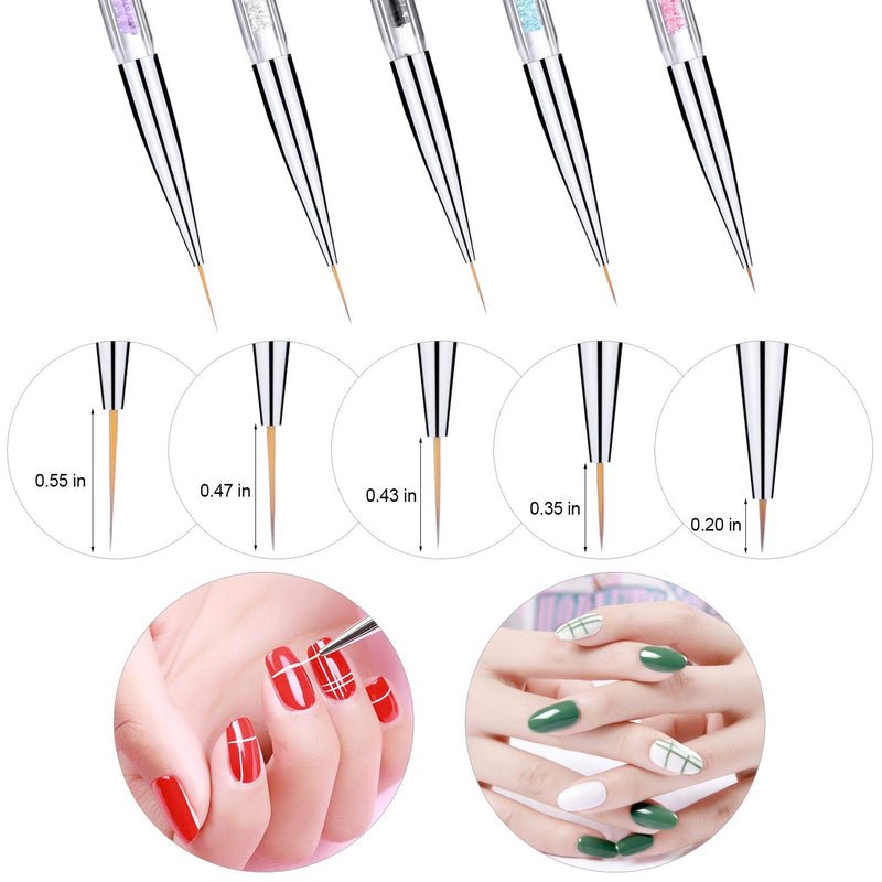 5 Pieces Nail Art Liner Brushes, Dual-ended Painting Nail Design Brush Pen Include Liner Brushes and Dotting Pen 5,7,9,11,13 mm Color A - BeesActive Australia