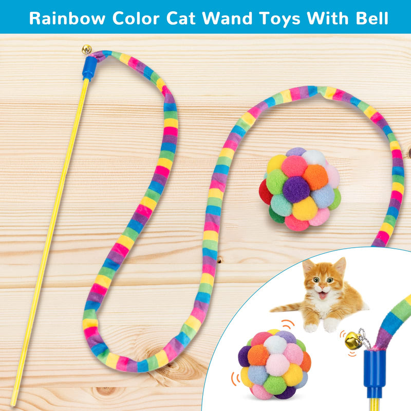Cat Toys, Cat Wand Teaser Toys Cat Fuzzy Balls with Bell Inside and Cat Springs, Interactive Cat Toys for Indoor Cats Kittens Kitty, 3 Pack Rainbow-Red - BeesActive Australia