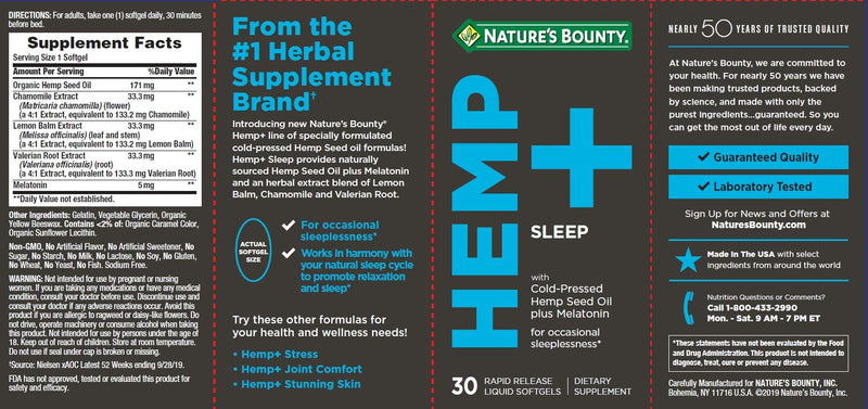 Nature's Bounty Hemp + Sleep by, for Occasional sleeplessness, Rapid Release Liquid Softgels, 30 Count - BeesActive Australia
