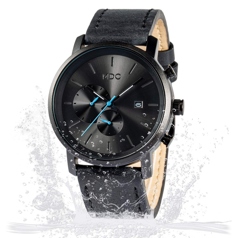 MDC Mens Fashion Watches Black, Chronograph Quartz Wrist Watches for Men, with Auto Date Waterproof, Genuine Leather Band Black Leather Strap - BeesActive Australia