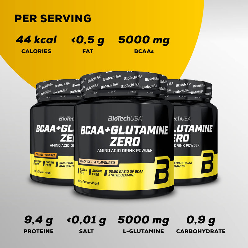 BioTechUSA BCAA + Glutamine Zero, Flavoured Drink Powder with BCAA and L-glutamine Content with sweeteners, 480 g, Peach ice Tea - BeesActive Australia