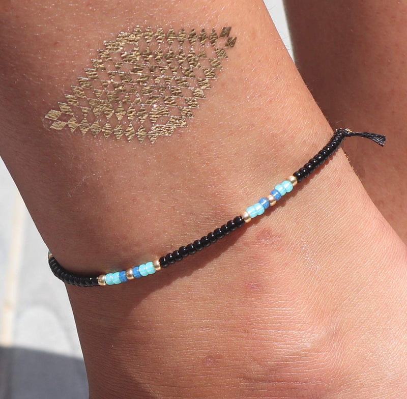 Anklet for Women, Unique Beaded Thin Anklet, Black Gold Colorful Boho Hippie Waterproof Beach Foot Jewelry, Native American Style, Handmade by Tribes - BeesActive Australia