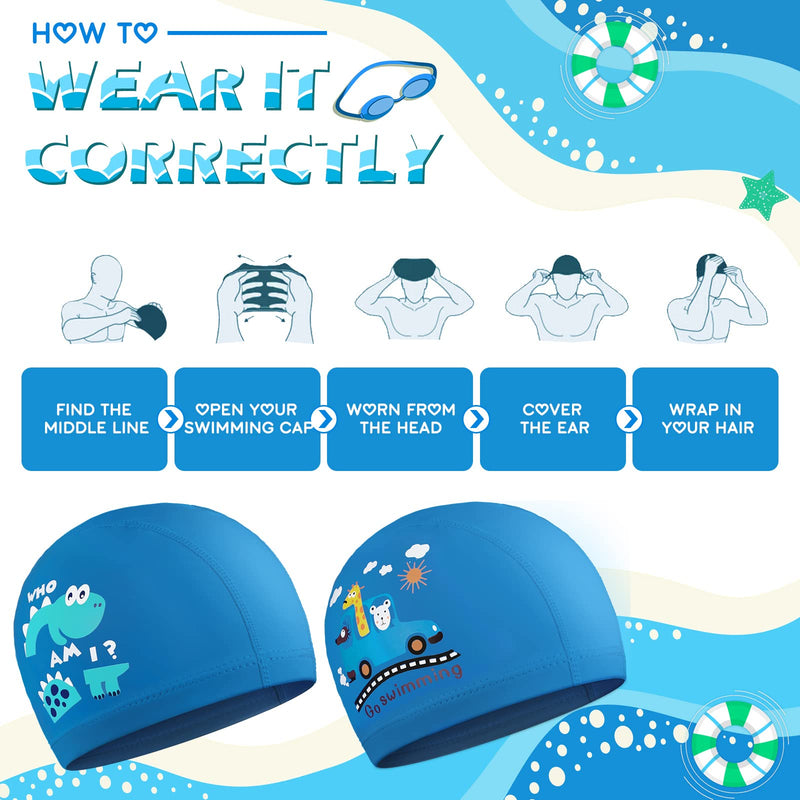 2 Pieces Kids Swimming Caps for Kids, Toddler, Children, Boys and Girls, Kids Waterproof Bathing Swim Cap for Long and Short Hair Dinosaur, Car - BeesActive Australia