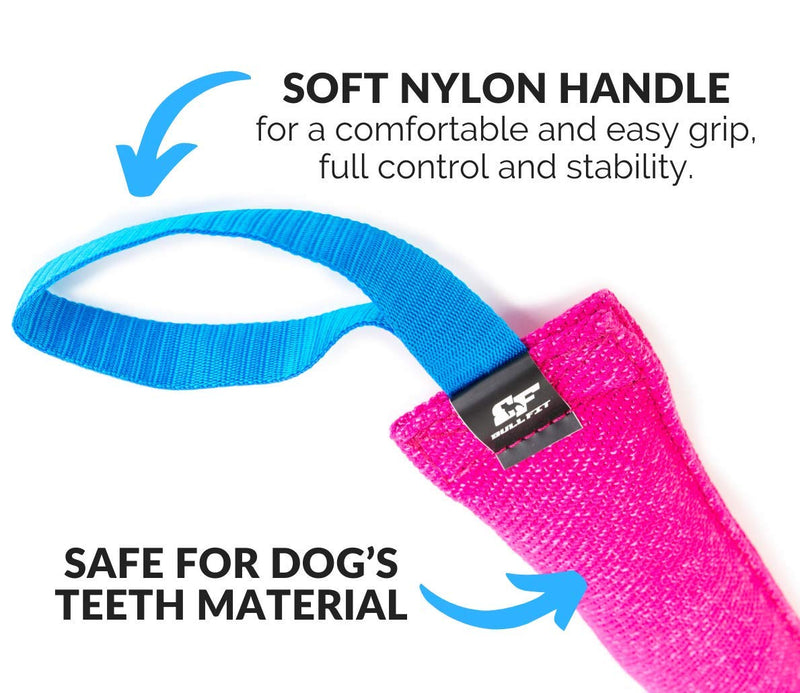 K9 Dog Bite Tug Toy - Made of Durable & Tear-Resistant French Linen - Perfect for Tug of War, Fetch & Puppy Training - Ideal for Medium to Large Dogs - Tough Pull Toy with Strong Handle & Stitching Pink Bite Tug with Blue Handle - BeesActive Australia