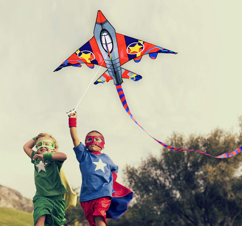 [AUSTRALIA] - HONBO Huge Fighter Plane Kite for Kids and Adults- 58” Wide with Long Tail- Easy Flyer - Kit Line and Swivel Included- 