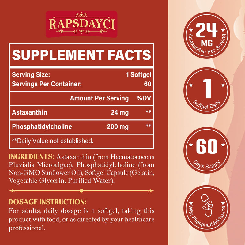 Liposomal Astaxanthin Supplement 24mg Per Serving, Powerful Antioxidant Formula Than VIT C, Eye & Immune Health Support, Superior Absorption (60 Count (Pack of 1)) 60 Count (Pack of 1) - BeesActive Australia