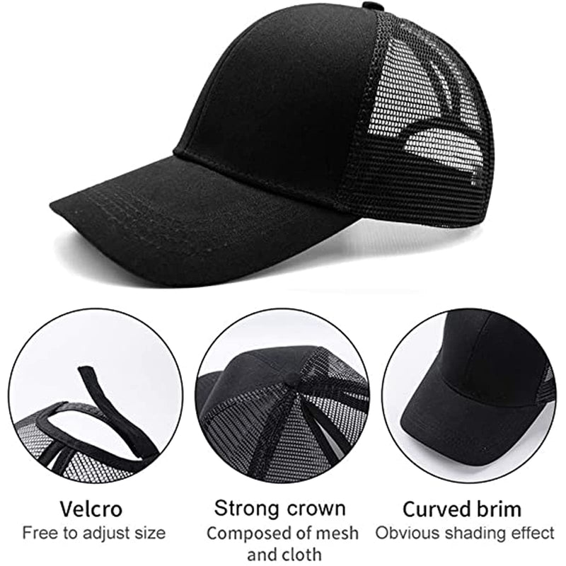 High Ponytail Hole Baseball Hats Cap for Women,Messy Bun Hat Adjustable Cotton and Mesh Trucker Baseball Sun Cap Black-white(w) - BeesActive Australia