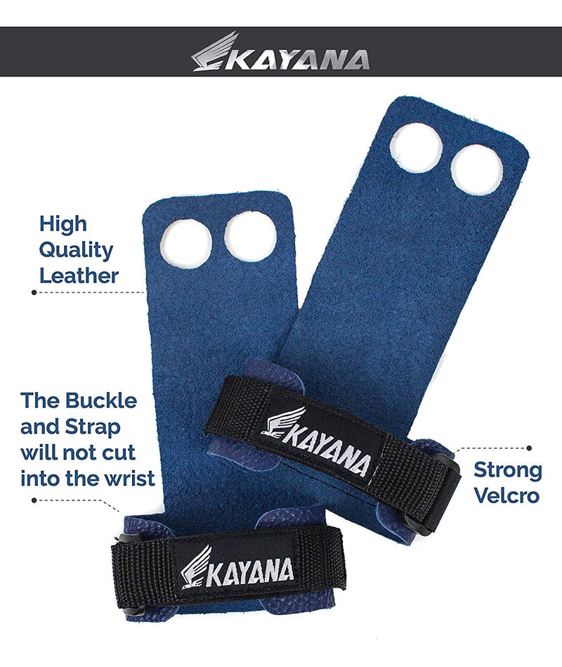 [AUSTRALIA] - KAYANA 2 Hole Leather Gymnastics Hand Grips - Palm Protection and Wrist Support for Cross Training, Kettlebells, Pull ups, Weightlifting, Chin ups, Workout, Exercise Youth Blue Medium 