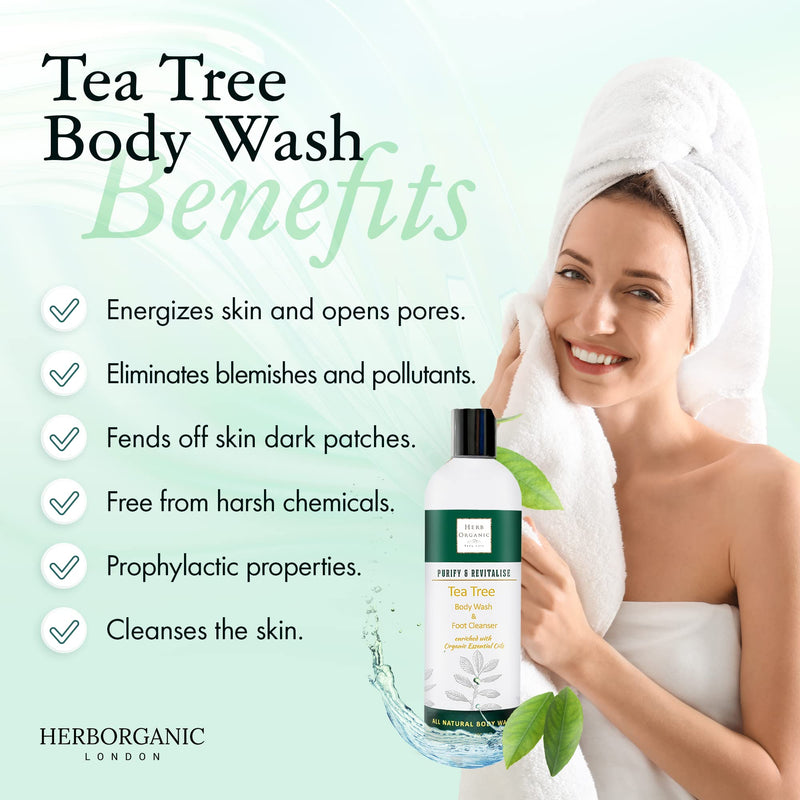 HerbOrganic Tea Tree Body Wash - 400ml - Anti-Bacterial and Anti-Fungal Body Wash - Vegan, Odor and Foot Cleansing Shower Gel - BeesActive Australia