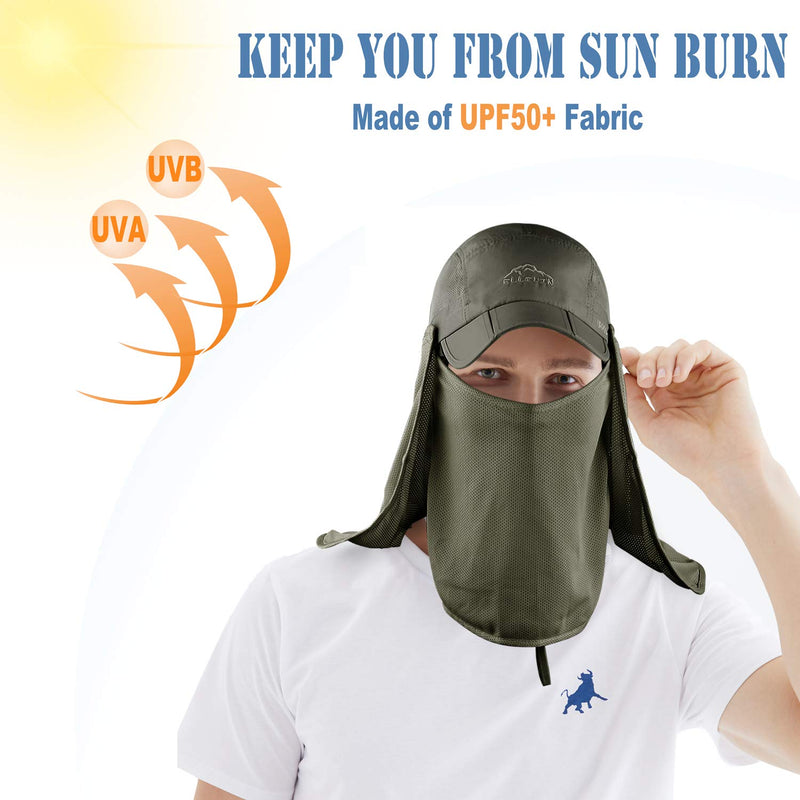 ELLEWIN Fishing Hat Sun Cap UPF 50+ Outdoor Hiking Hat with Removable Mesh Face Neck Flap Cover Windproof Strap… Army Green - BeesActive Australia