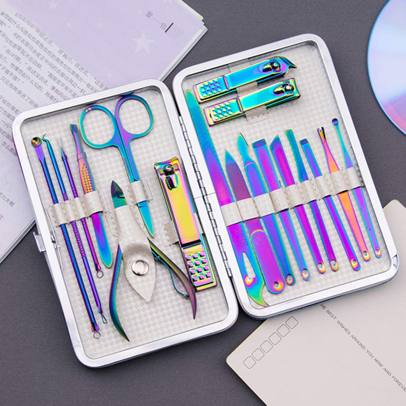 Manicure Set Nail Clippers Pedicure 18 Pieces Stainless Steel Manicure Kit Professional Grooming Care Tools Nose Hair Scissors Nail File.The Best Gift with Luxurious Case (Rainbow_18in1) Rainbow_18in1 - BeesActive Australia