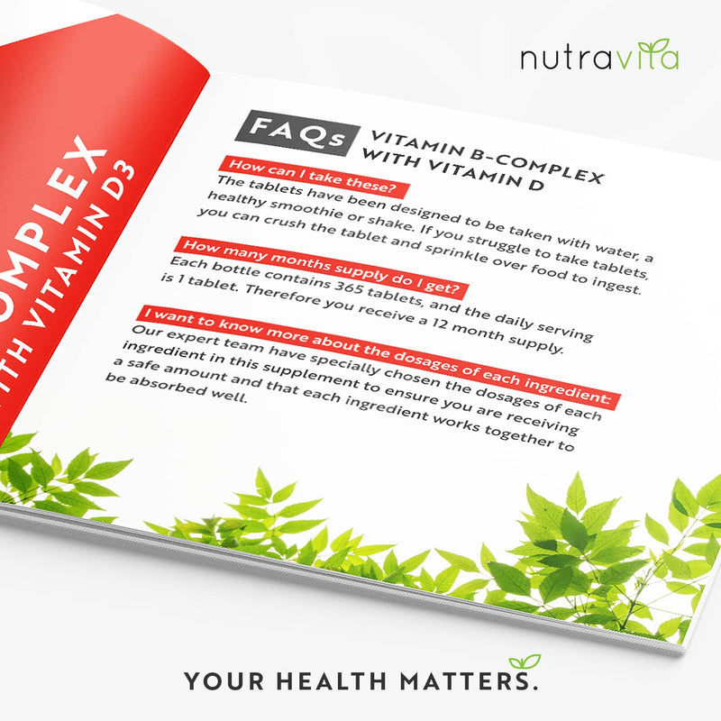 Vitamin B Complex High Potency - 1 Full Year Supply - 8 Vitamins B1-B2-B3-B5-B6-B12, Biotin, Folic Acid & VIT D3 in 1 High Strength Micro Tablet - Reduction of Tiredness - Made in The UK by Nutravita - BeesActive Australia