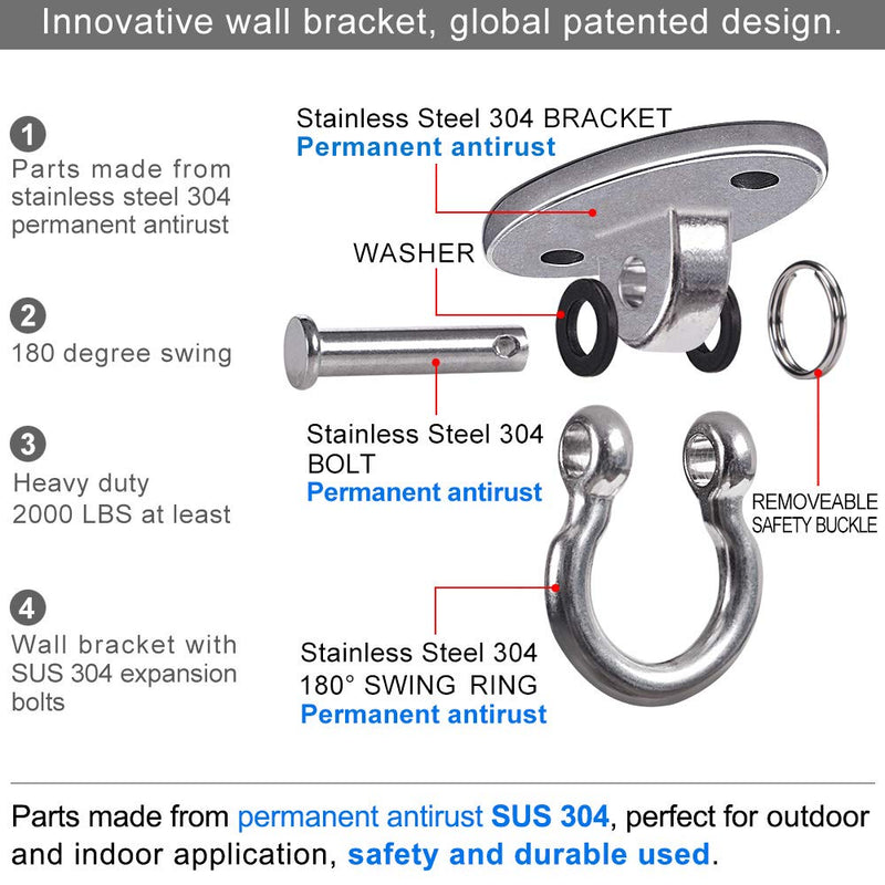 BeneLabel Set of 2 Permanent Antirust Stainless Steel 304 Heavy Duty Swing Hangers, 2000 LB Capacity, 4 Expansion Bolts for Concrete, Yoga Hammock Chair Sandbag, Swing Sets, 180° Swing - BeesActive Australia