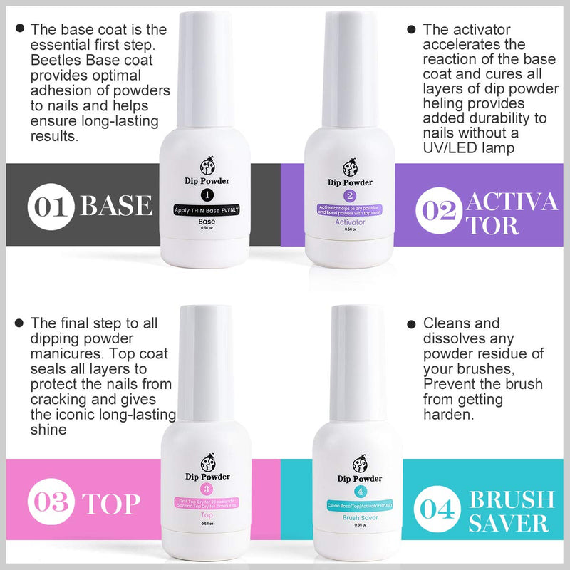 Beetles Dip Powder Gel Liquid Set with Base-Top Coat, Activator, and Brush Savor Dipping Powders Essentials Kit (Steps 1-4), 0.5oz/Bot Dipping-Powder Acrylic Nail Manicure Pedicure - BeesActive Australia