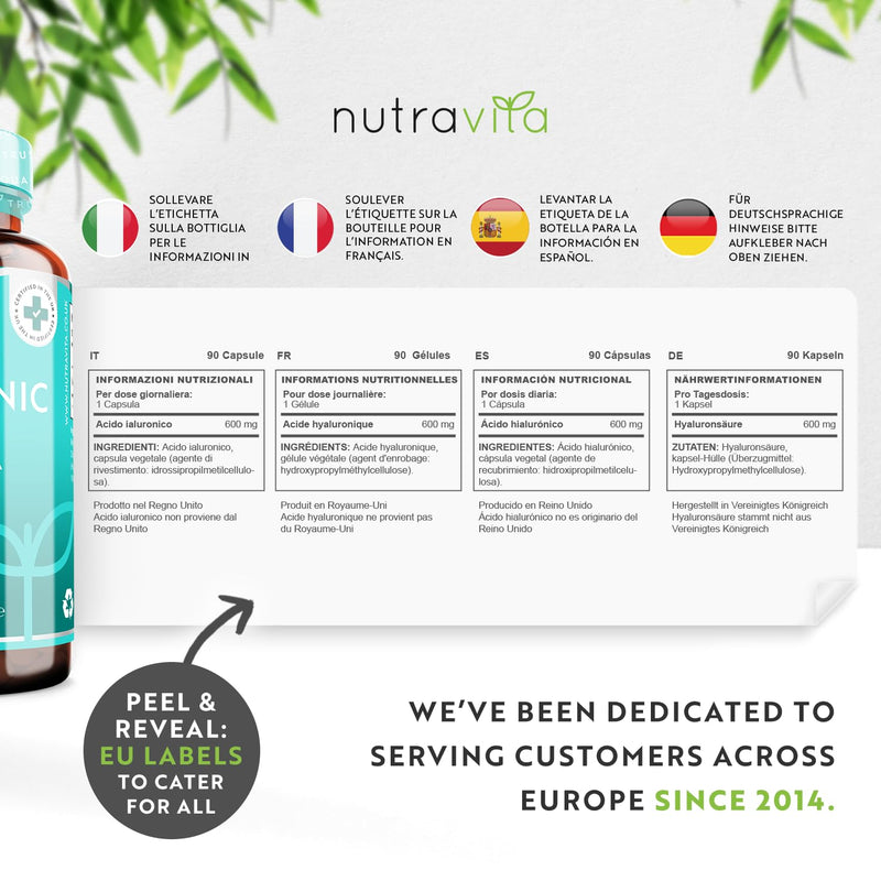 Hyaluronic Acid Capsules - 3 Month Supply of 600mg Hyaluronic Acid Capsules - High Dose with 500-700 KDA - GMO Free with No Synthetic Fillers or Binders - Made in The UK by Nutravita 90 Capsules - BeesActive Australia