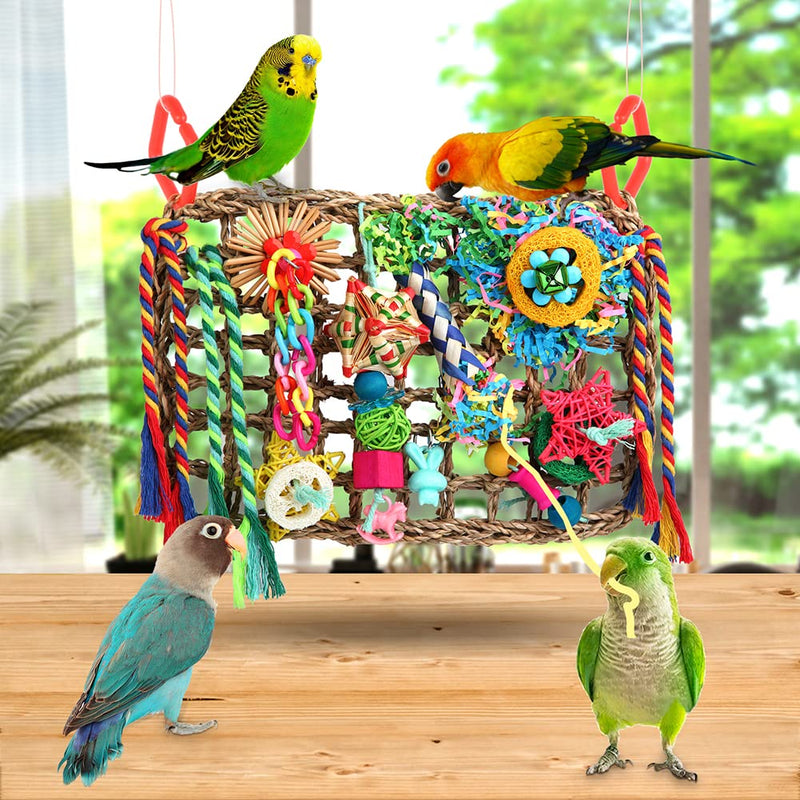 YIXUND Bird Toys Bird Foraging Toys for Parakeets Cockatiel Conures Lovebirds Bird Foraging Shredding Seagrass Wall with Various Toys for Birds - BeesActive Australia