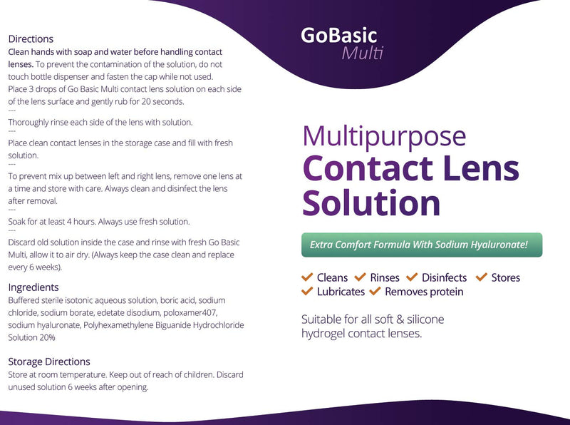 GoBasic Multi Purpose Contact Lens Solution for Soft Lenses Effective Cleaning Better Value (360ml / 6 Weeks Supply) 360 ml (Pack of 1) - BeesActive Australia