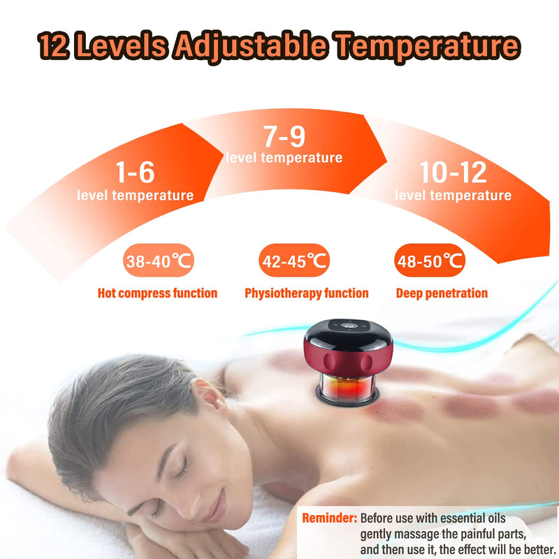 Emooncn 3 in 1 Electric Cupping Set, 12 Adjustable Temperatures Professional Vacuum Cupping Massager with Red Light Smart Scraping Tools Gua Sha Cupping Set for Body Reduce Muscle Pain (Red) - BeesActive Australia