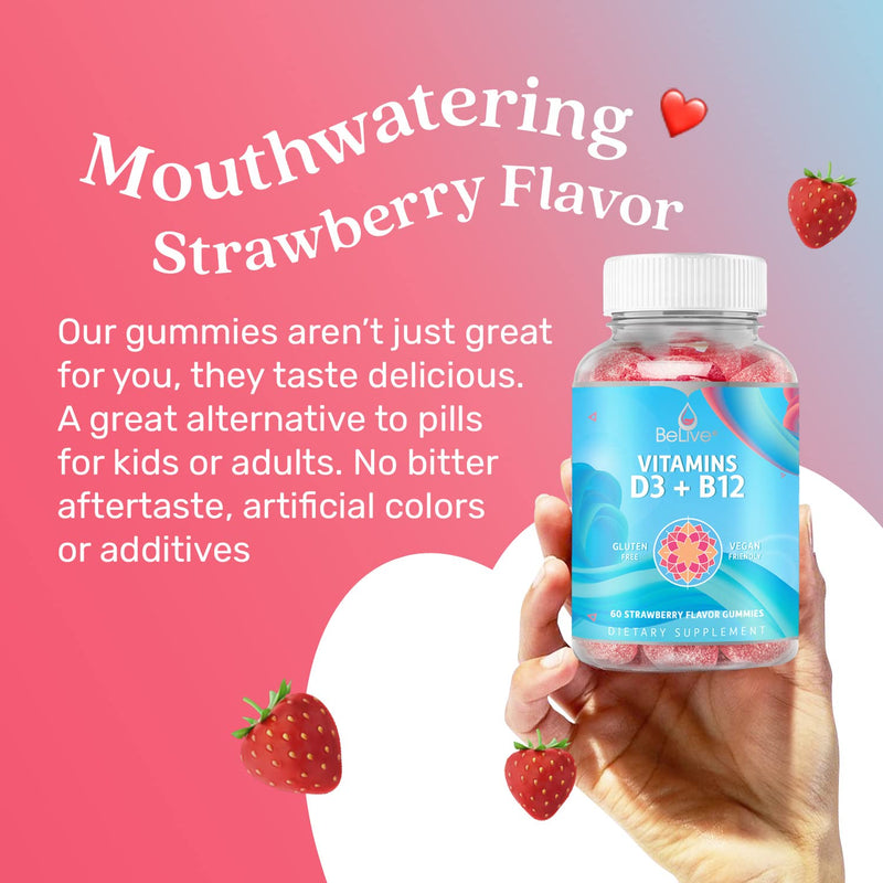 BeLive Vitamin D3 Gummies with B12 Vitamins - 60 Ct I Vega Immune Support Gummies with Vitamin B12 & D3, Provides Enhanced Bone & Muscle Strength, Hearth Health and Energy - Strawberry Flavour - BeesActive Australia