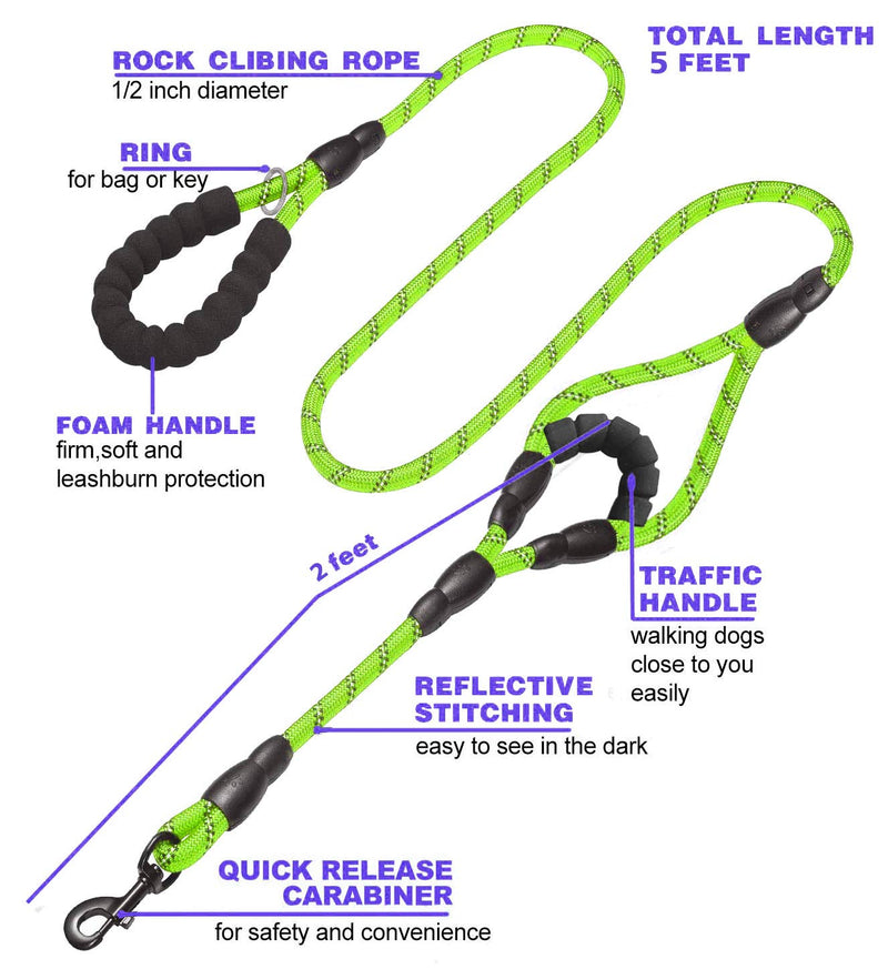 JSXD Dog Leash,5FT Heavy Duty Double Handle Dog Leash with Comfortable Padded and Reflective,Rope Dog Leashes for Small,Medium,Large Dogs Rope-Green - BeesActive Australia