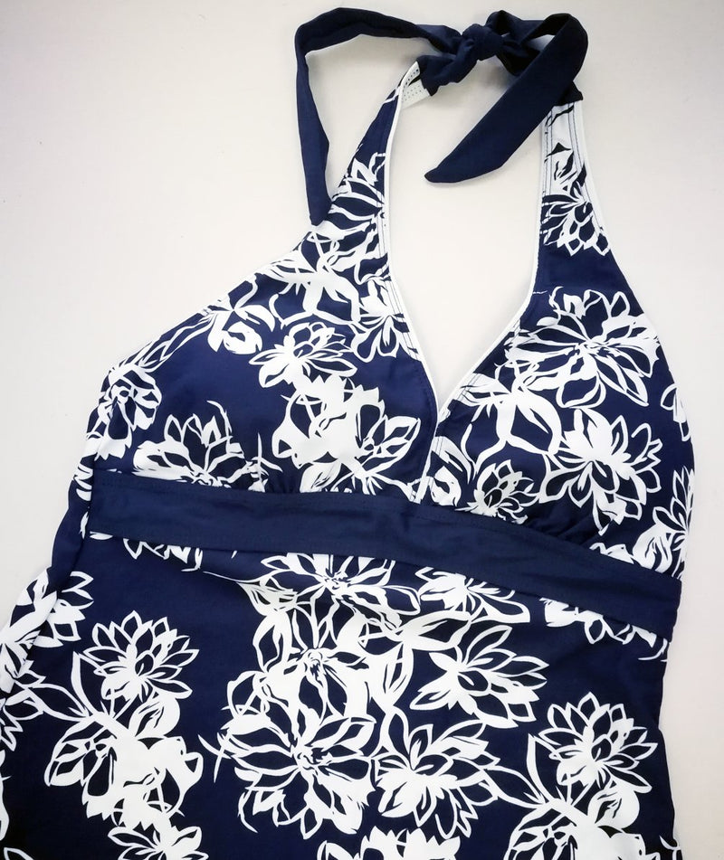 [AUSTRALIA] - Eternatastic Women Bandeau Floral Print Tankini Swimsuit Costume Two Piece Swimwear with Skirt 3X-Large Navy Blue-4 