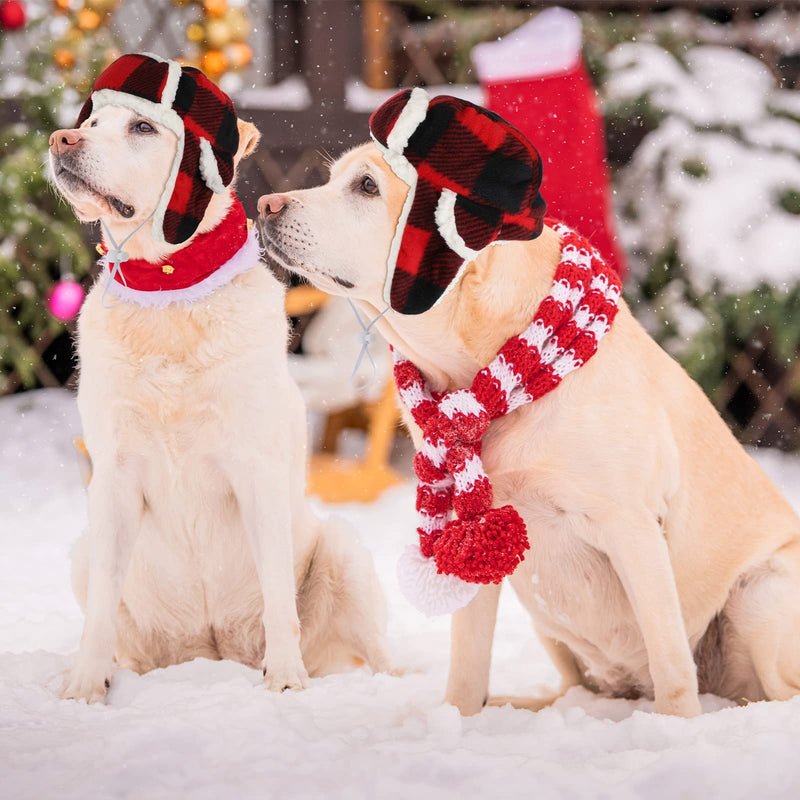 2 Pieces Christmas Dog Hats with Earmuffs Pets Adjustable Warm Trapper Hat Winter Adjustable Pet Red Plaid Pet Hat Xmas Dog Headwear for Small Dogs - BeesActive Australia