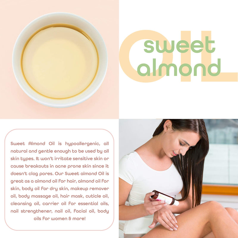 Sweet Almond Oil Carrier Oil - Cold Pressed Pure Natural Body Massage Oil Carrier Oil for Essential Oils Mixing, Baby Oil Dry Skin Face Hair Moisturizer Makeup Remover 4 oz - BeesActive Australia