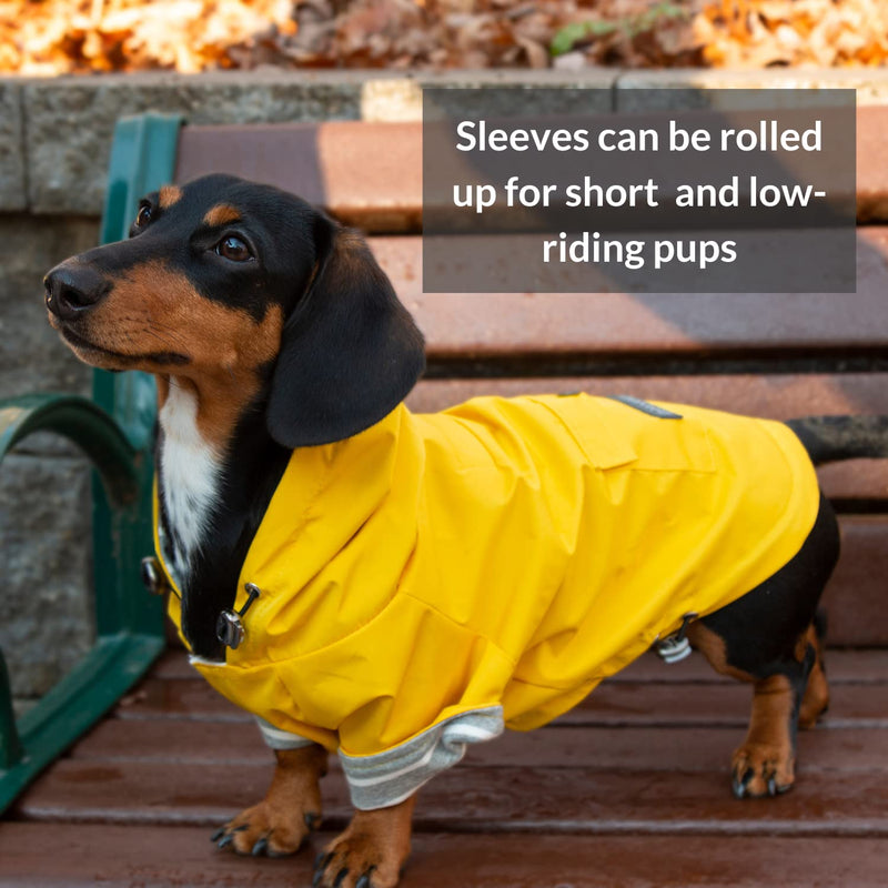 DJANGO Highland Dog Jacket and Raincoat - Water-Repellent, Windproof, and Harness-Friendly Winter Dog Coat and Stylish Dog Raincoat with Adjustable Drawstrings, Optional Hood, Premium Gunmetal Hardware, and Back Pocket Medium Dandelion Yellow - BeesActive Australia