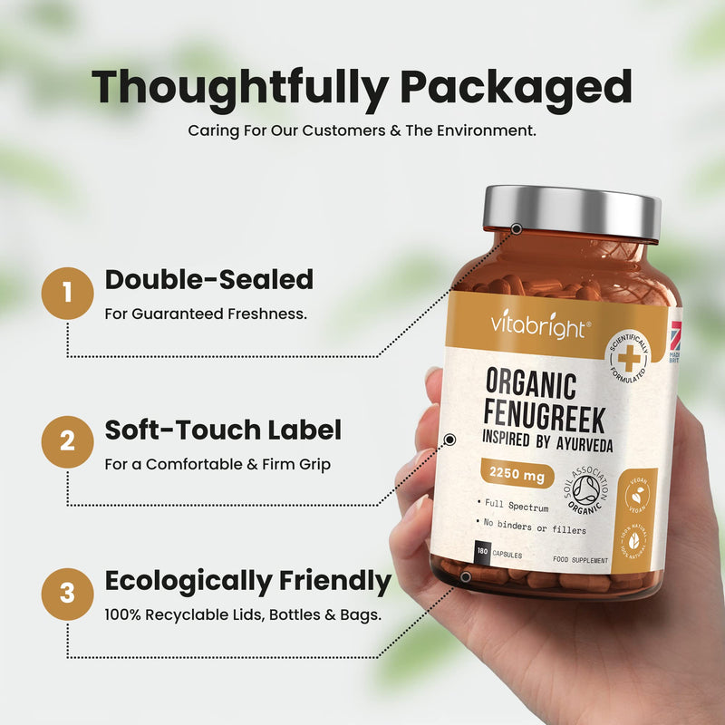 Organic Fenugreek Capsules - 2250mg High Strength - 180 Capsules (60 Day Supply) - Supports Healthy Blood Sugar Levels and Healthy Cholesterol Levels - Vegan - Made in The UK by VitaBright - BeesActive Australia