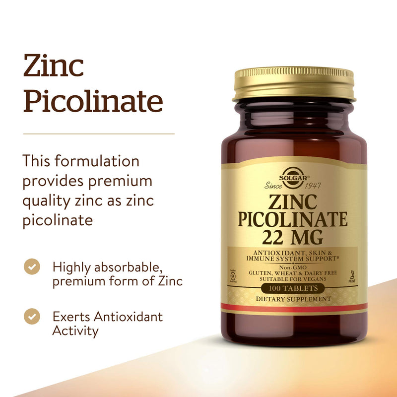 Solgar Zinc Picolinate 22 Mg Tablets - Pack of 100 - Healthy skin, hair and nails - Highly absorbable premium form, Easy to Swallow - Vegan - BeesActive Australia