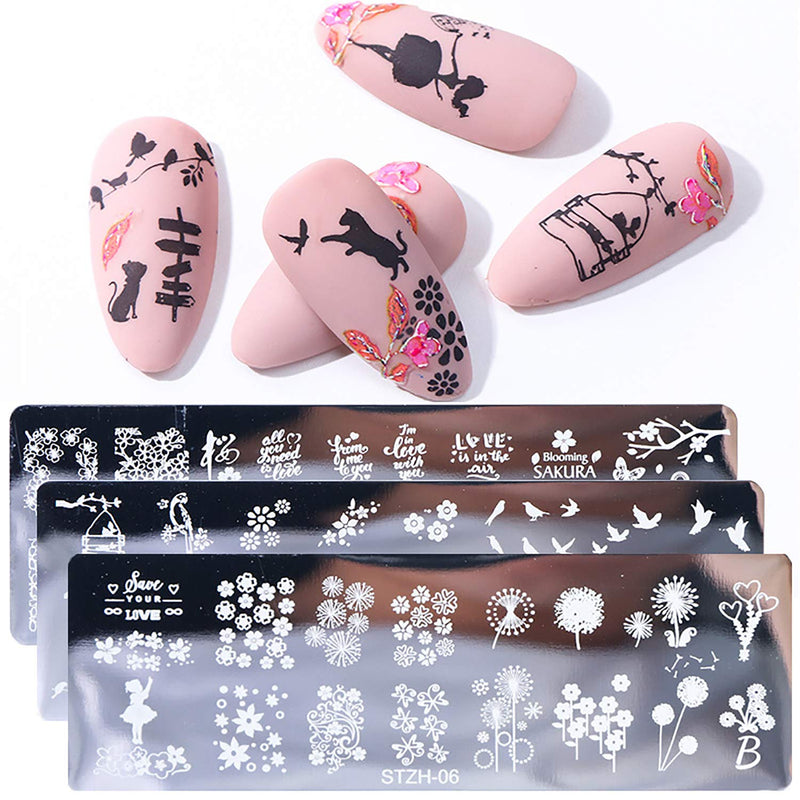 Nail Stamp Plates Set, 5 Pcs Nail Stamping Plates + 1 Stamper + 2 Scraper Flower, Lovers, Love, Unicorn, etc Nail Plate Template Image Plate DIY Stainless Steel Nail Image Polish Template Kit - BeesActive Australia