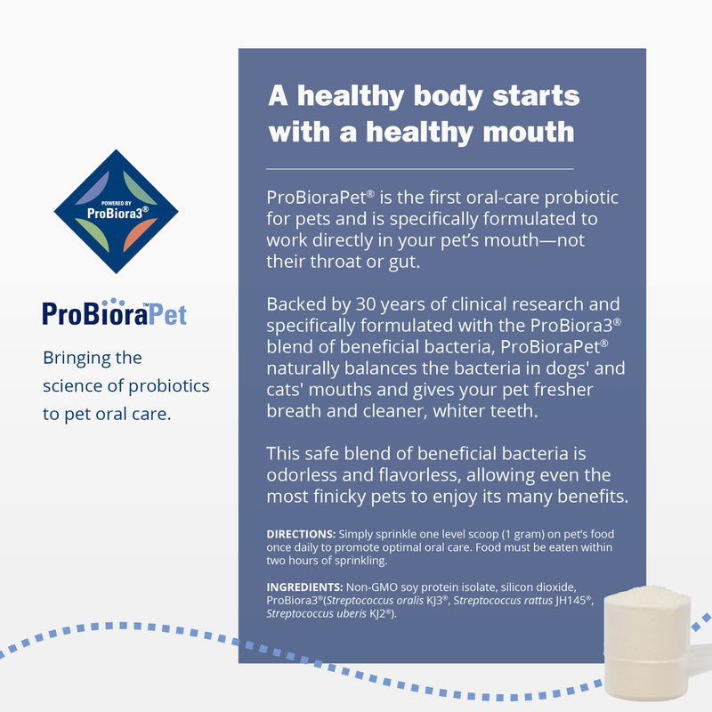 ProBioraPet Oral-Care Probiotic for Dogs and Cats - Supports Healthy Teeth and Gums and Freshens Breath - Patented Blend of Probiotics - Vet Recommended Dental Powder for Pets - 30 Day Supply (30g) - BeesActive Australia