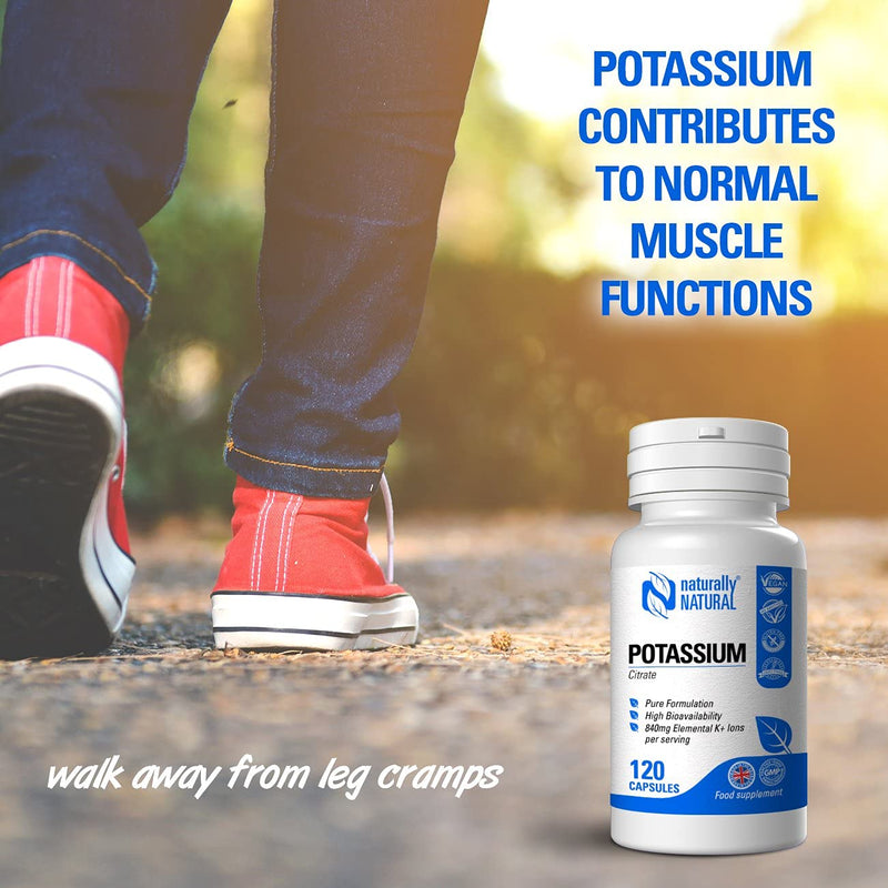 Naturally Natural Potassium Citrate 120 Vegan Capsules High Dose 840mg Elemental K+ Ions per Daily Serving (42% DV), Pure Formulation for Leg Cramps, Blood Pressure and Electrolyte Balance - BeesActive Australia