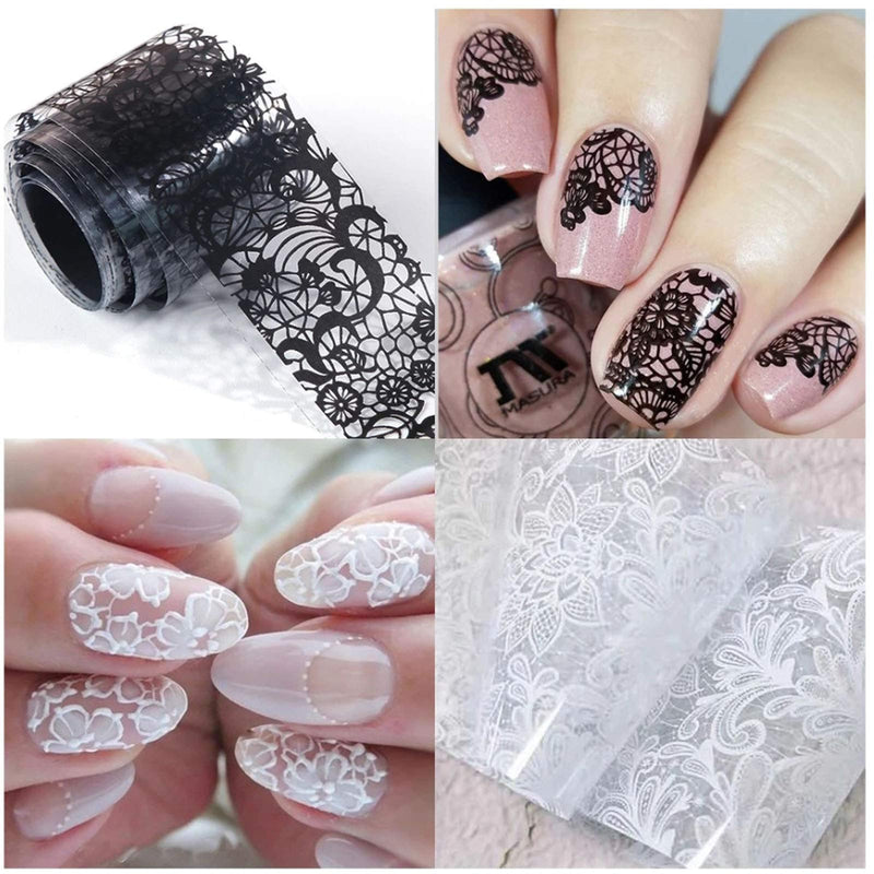 Holographic Nail Foil Transfer Stickers Black White Lace Laser Foils Nail Art Supplies Starry Paper Designs for Acrylic Decorations Women Fingernails Toenails DIY Manicure Wraps Nail Decor（10 Rolls） D - BeesActive Australia