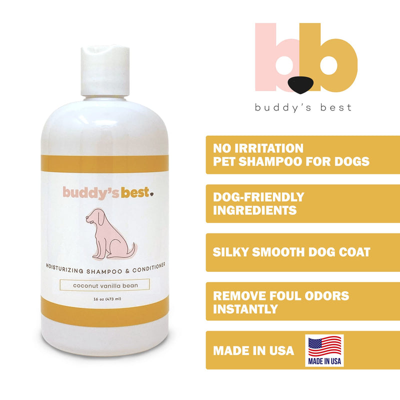 Buddy's Best, Dog Shampoo and Conditioner in One - Hypoallergenic, Oatmeal Shampoo for Dogs with Sensitive Skin - Moisturizing Dog Wash Coconut Vanilla Bean 16 Fl Oz (Pack of 1) - BeesActive Australia