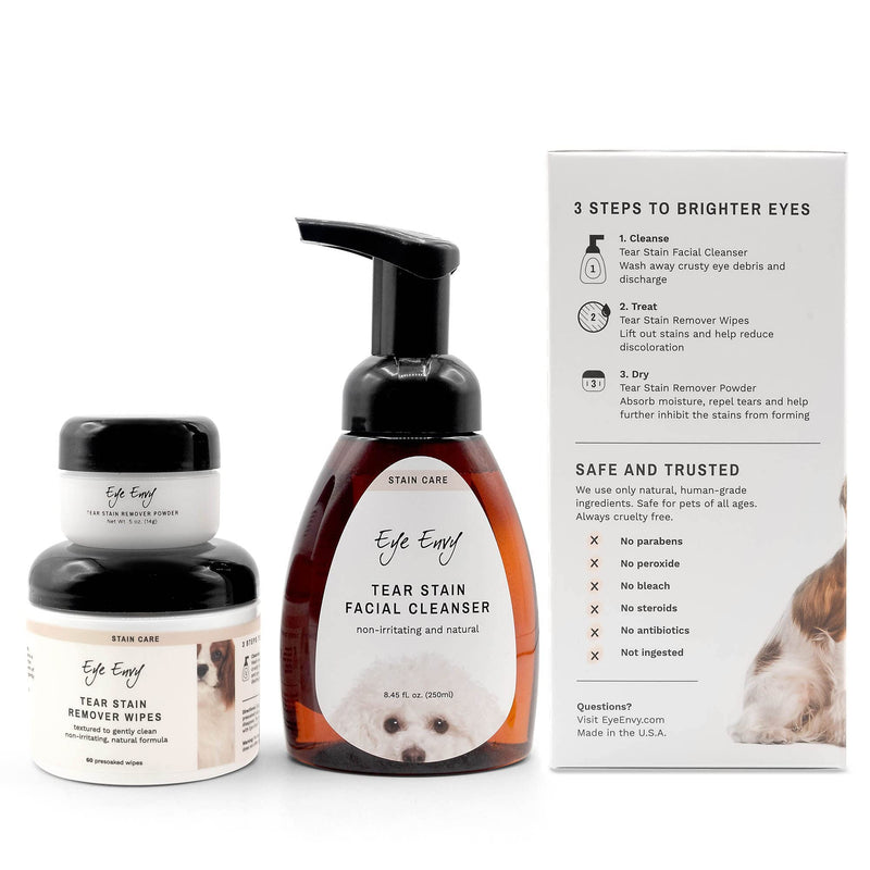 Eye Envy 3 Step Tear Stain Remover Kit for Dogs | Clean, Stain-Free Eyes in 7 Days | Contains: Cleanser 8.45 fl.oz, Wipes 60 Count and Powder 0.5oz | Non-irritating and Natural - BeesActive Australia