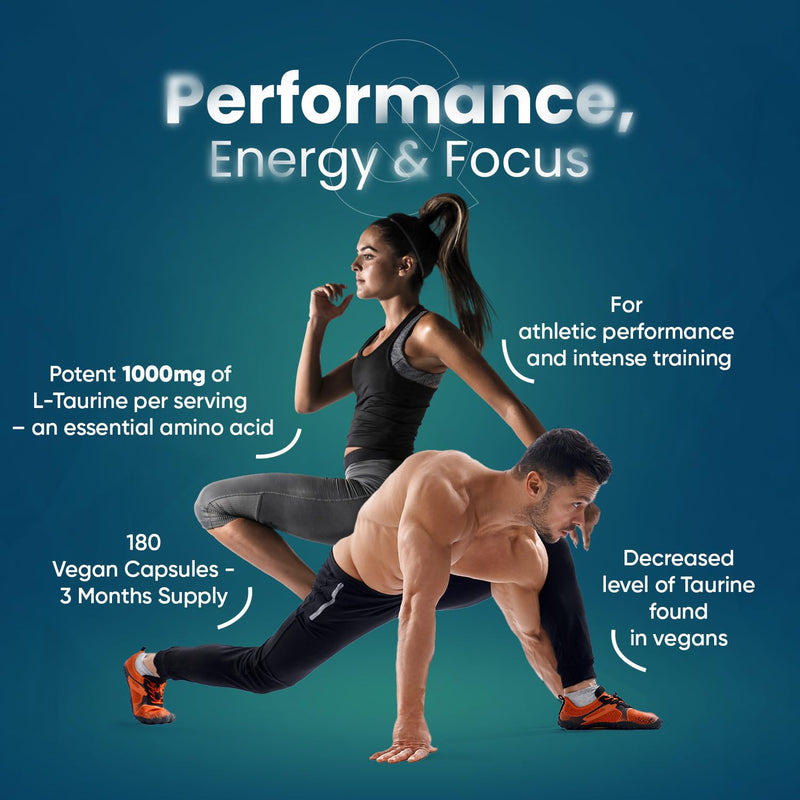 L Taurine 1000mg Capsules - 180 High Strength Taurine Capsules (3 Months Supply) - Vegan Amino Acid Taurine Supplement for Overall Health - Pre Workout Supplement for Men & Women - Made in The UK - BeesActive Australia