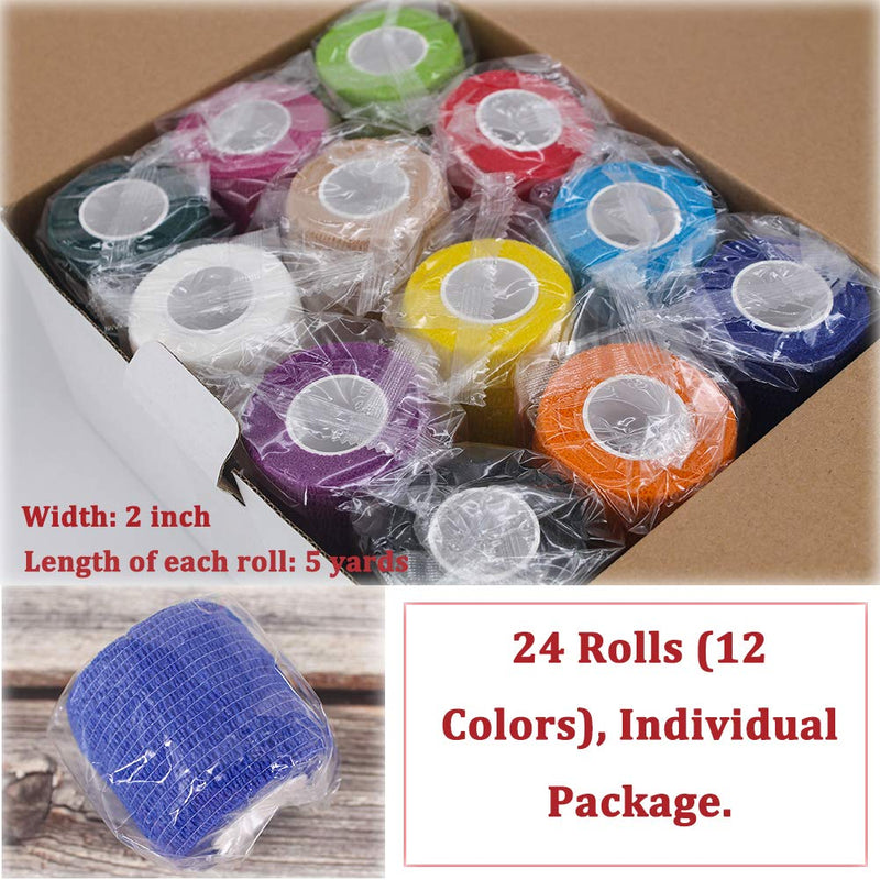 24 Pack Breathable Self Adherent Wrap, Athletic Elastic Non Woven Cohesive Bandage – for Sports, First Aid Medical, Wrist, Ankle Sprains, Swelling and Vet Wrap 2 Inch 5 Yards (Rainbow Color). Rainbow - BeesActive Australia