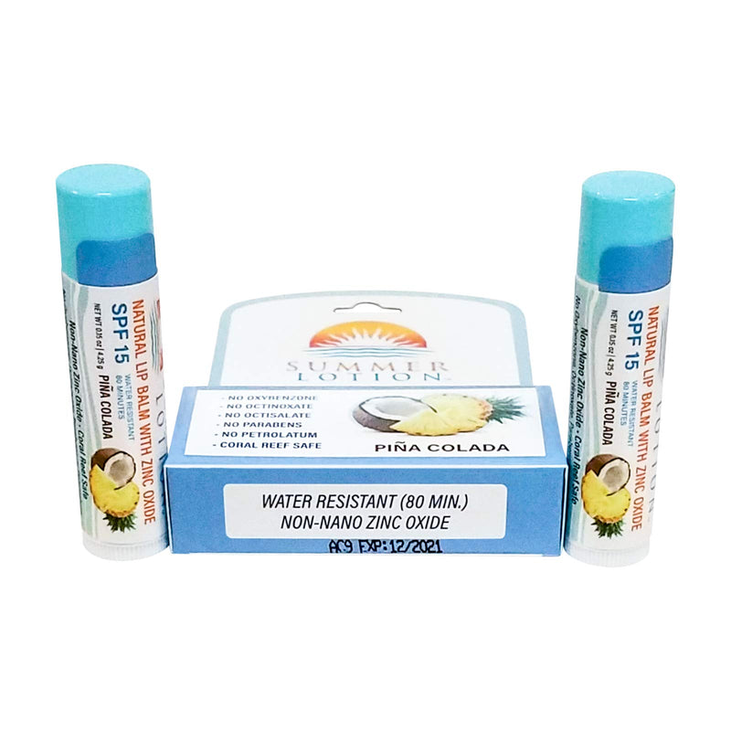 Natural Lip Balm with Zinc Oxide Sunblock by Summer Lotion, SPF 15 Lip Sunscreen 2-Pack, Water Resistant Chapstick, SPF Lip Protection for Everyone, (Pina Colada) Pina Colada - BeesActive Australia