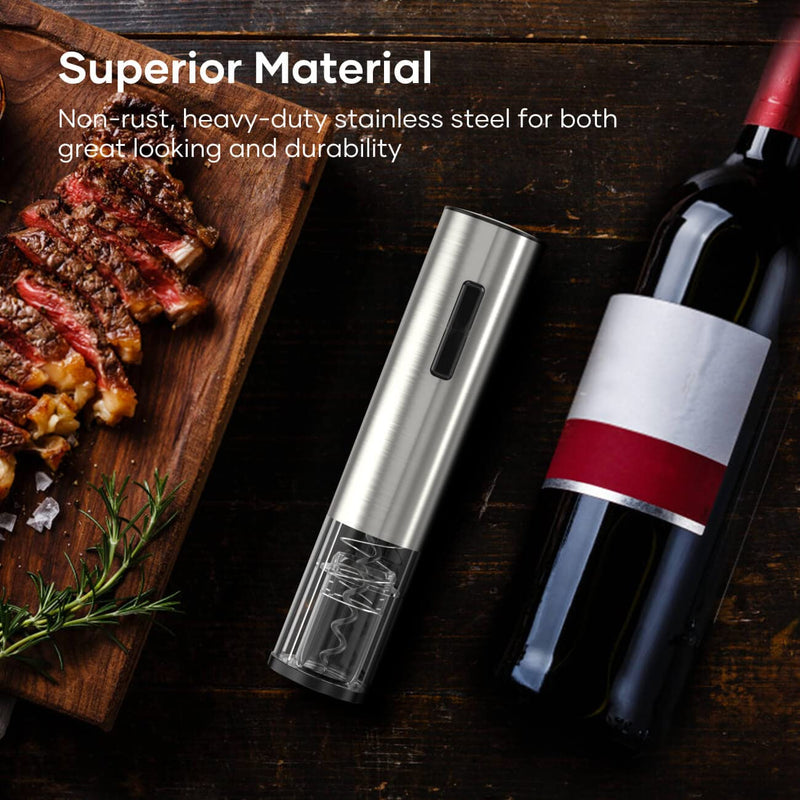 Crenova 6-in-1 Wine Opener Electric Rechargeable Automatic Corkscrew Bottle Opener set with Vacuum Stopper, Aerator Pourer, Foil Cutter, Display Base & USB Charging Cable, Silver - BeesActive Australia