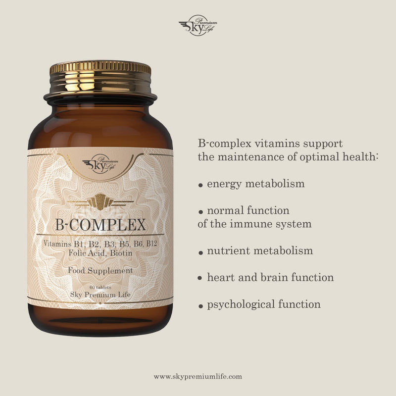 Sky Premium Life Vitamin B Complex with Vitamins B1, B2, B3, B5, B6, B12, Folic Acid & Biotin - 60 Tablets (1 Pack) - BeesActive Australia
