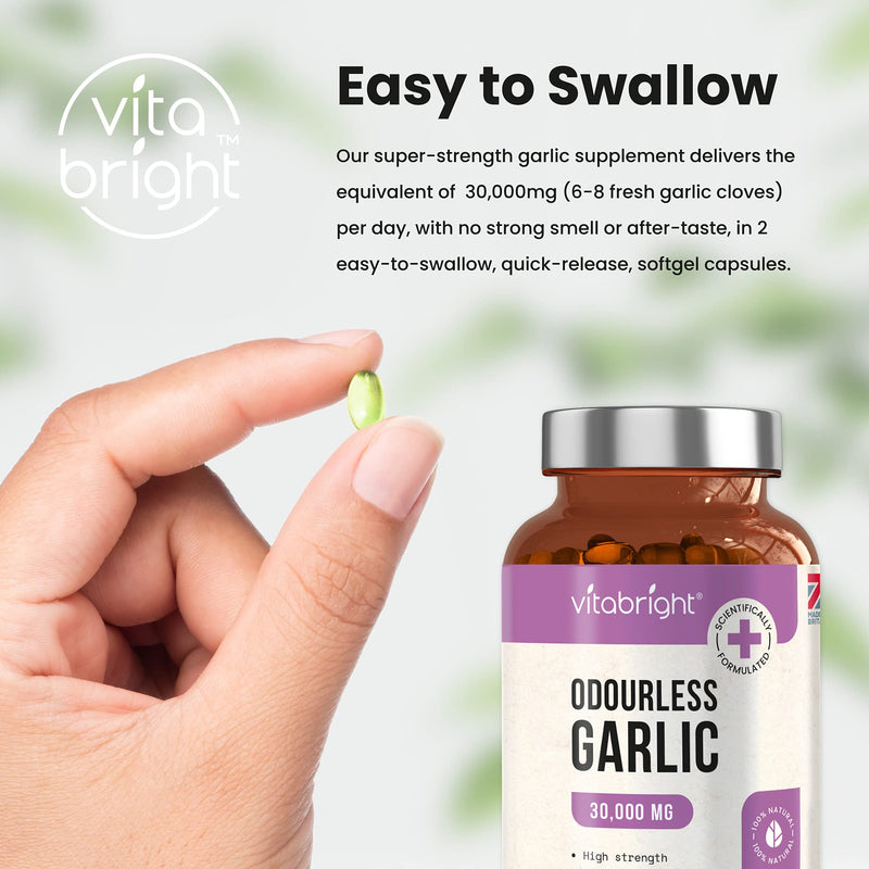 Odourless Garlic Capsules - High Strength 30,000mg - 180 Deodourised Garlic Oil Softgels � High in Allicin Garlic Supplement - 100% Natural Cold Pressed Garlic Tablets � Immune Support - Made in UK - BeesActive Australia