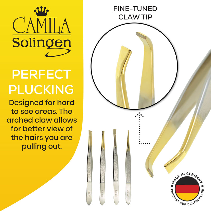 Camila Solingen CS30 3.5 Inches Gold Tipped, Surgical Grade, German Stainless Steel Tweezers (Claw) - Flawless Eyebrow and Facial Hair Shaping and Removal for Men/Women Claw - BeesActive Australia