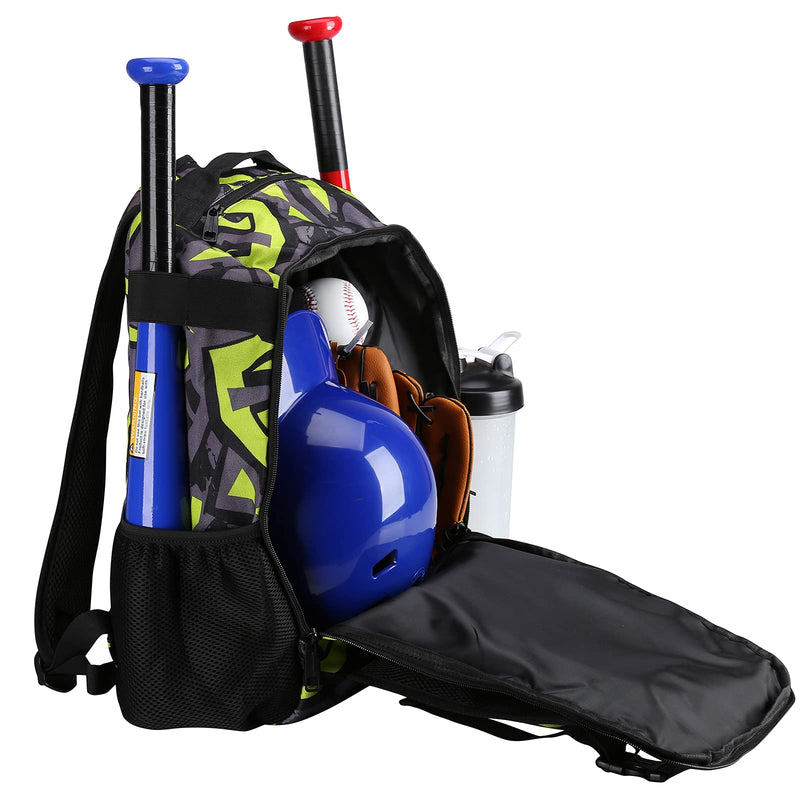 ZOEA Youth Baseball Bat Bag Backpack, T-Ball & Softball Equipment & Gear for Youth, Large Capacity Holds 2 Bats, Helmet, Gloves, Cleats, Helmet Holder and Includes Fence Hook Green - BeesActive Australia