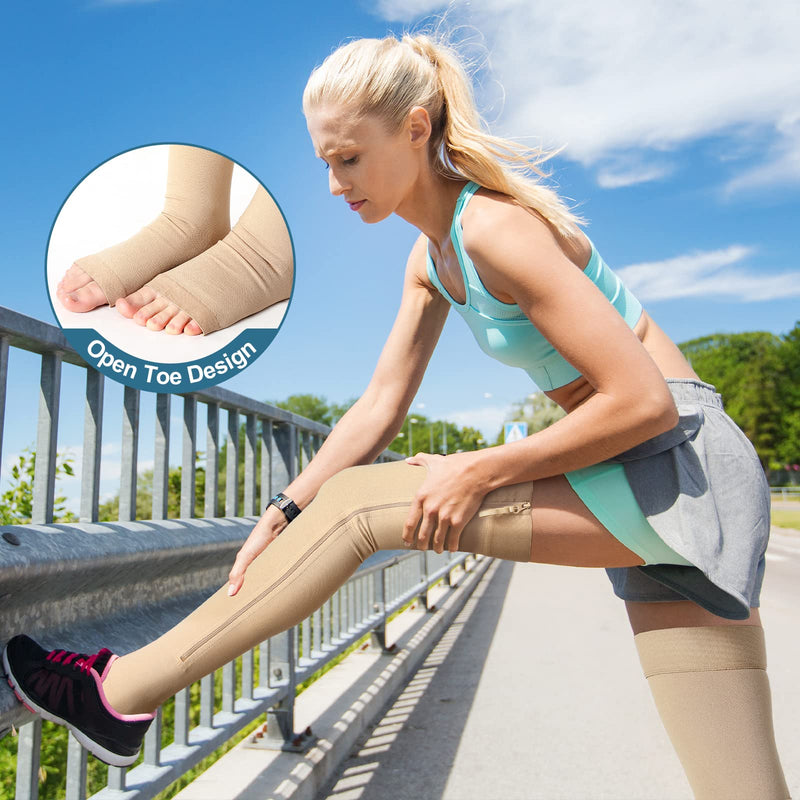 Newcotte Open Toe Zipper Compression Socks Thigh High 20-30mmhg Graduated Compression Stockings with Zipper Open Toe Thigh High Compression Stockings for Women Men Swelling Edema L - BeesActive Australia