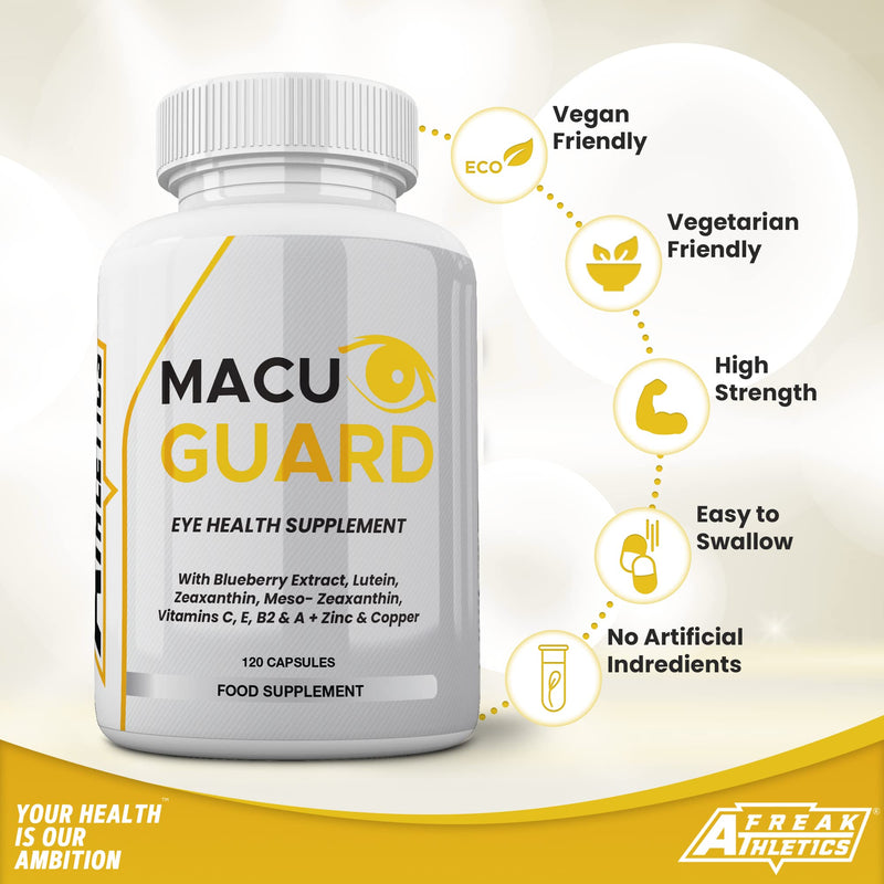 MacuGuard+ Eye Supplement - 120 Capsules - Zeaxanthin, Meso Zeaxanthin, Lutein, Blueberry Extract Plus Vitamins and Minerals - Premium UK Made - BeesActive Australia
