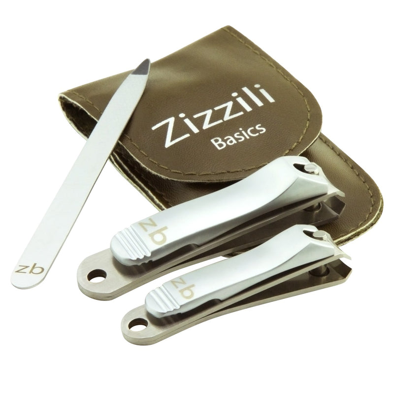 Nail Clippers by Zizzili Basics - 3 Piece Nail Clipper Set - Stainless Steel Fingernail & Toenail Clippers with Nail File and Brown Travel Case - Best Nail Care for Men, Women, Manicure & Pedicure Fingernail, Toenail & File Brown Case - BeesActive Australia