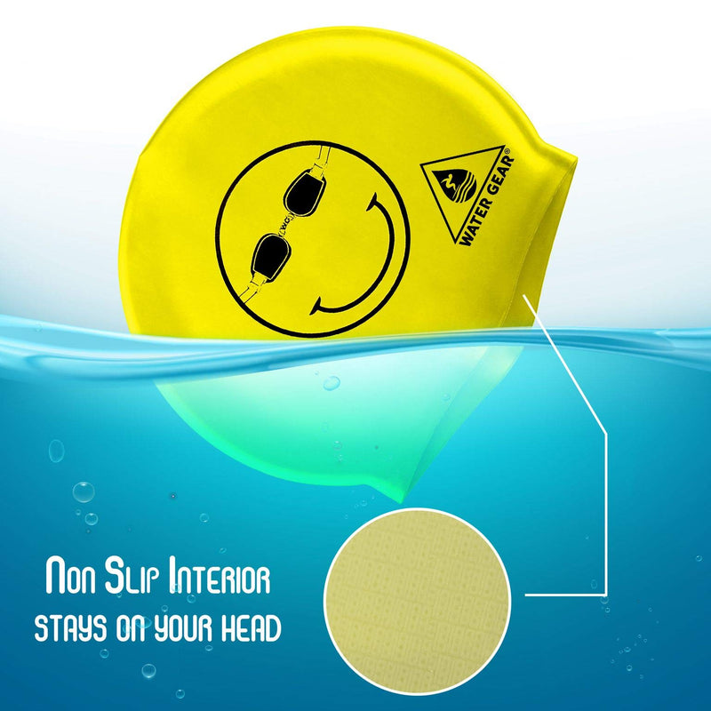 Water Gear Latex Swim Cap - Swimming Caps for Girls Long Hair - Waterproof Swimming Cap - Happy Face Black/Yellow - BeesActive Australia