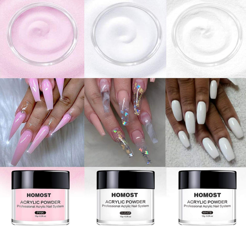 HOMOST Acrylic Powder Nail Kit, Pink Clear White Acrylic Powder Set and Professional Liquid Monomer with Nail Brush Nail Forms Tips - BeesActive Australia